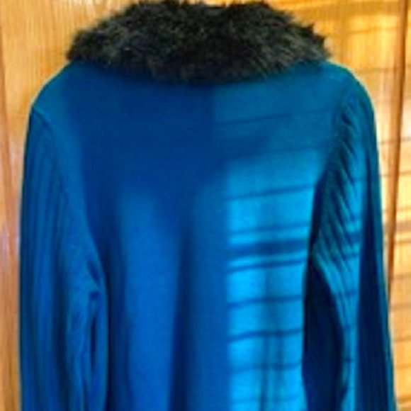 Dennis Basso Long Green Knit Cardigan Sweater Faux Fur Removable Collar Sz: L - Picture 3 of 8